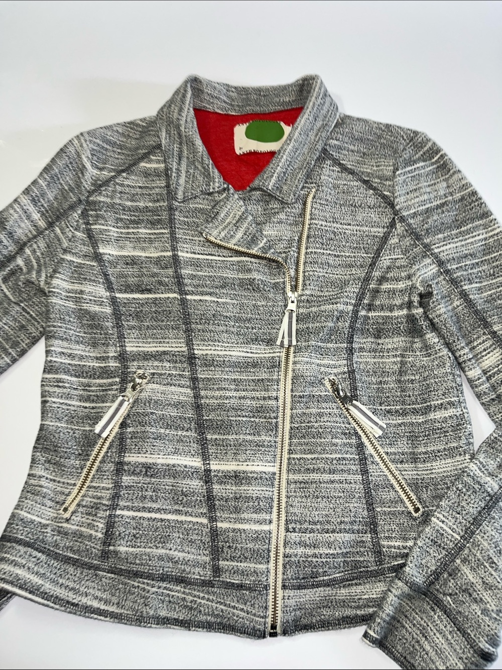 Anthropologie Gray Knit Moto Jacket with Red Lining